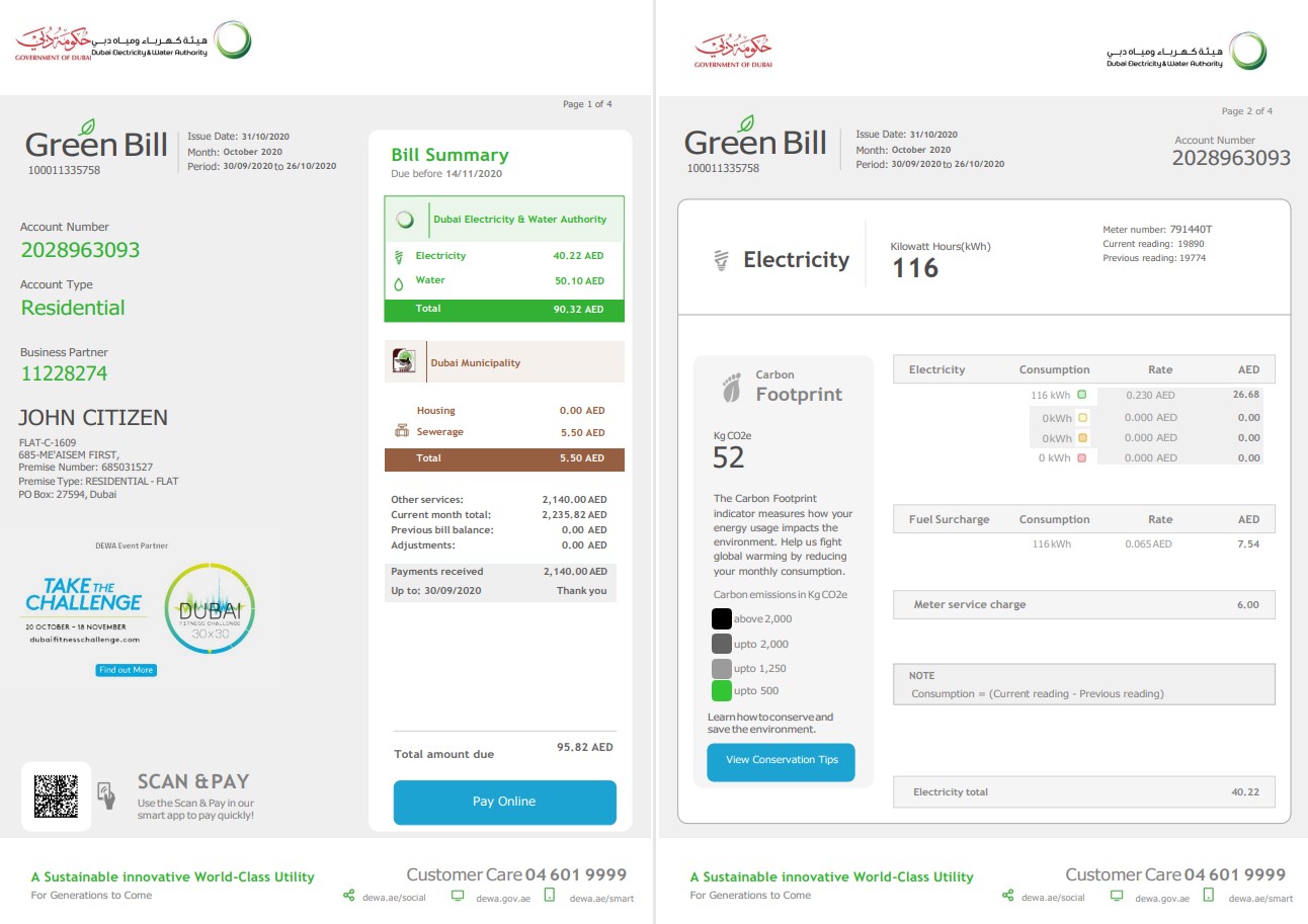 United Arab Emirates Dubai Electricity & Water Authority utility bill template in Word and PDF format (4 pages) 1 2